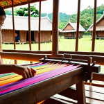 **

Prompt: Thai artisan skillfully weaving intricate patterns with vibrant silk threads, traditional weaving loom in the foreground, warm natural light, details showcasing cultural heritage, rural Thai village in the background.

**