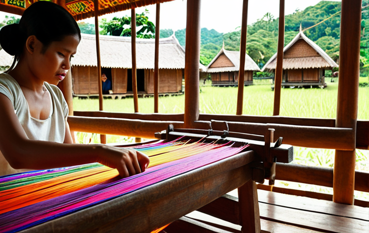 **

Prompt: Thai artisan skillfully weaving intricate patterns with vibrant silk threads, traditional weaving loom in the foreground, warm natural light, details showcasing cultural heritage, rural Thai village in the background.

**