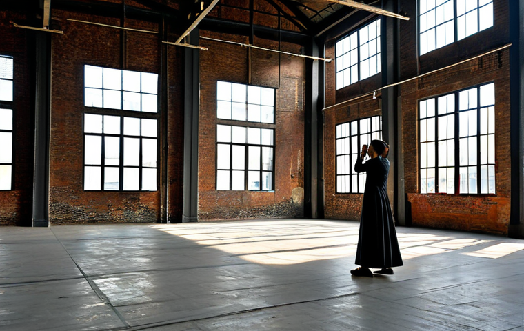A contemporary art installation displayed inside a historic, rustic warehouse beside the Chao Phraya River in Bangkok, Thailand. Natural light streams through large windows, highlighting aged brick walls and steel beams. The art piece is a blend of traditional Thai woven textiles in earthy tones and repurposed metal structures, playing with light and shadow to reveal the building's industrial past and local craftsmanship. A few people, fully clothed in modest attire, are observing the installation with natural poses. Professional photography, high-resolution, sharp focus, natural lighting, perfect anatomy, correct proportions, well-formed hands, proper finger count, natural body proportions, safe for work, appropriate content, family-friendly.