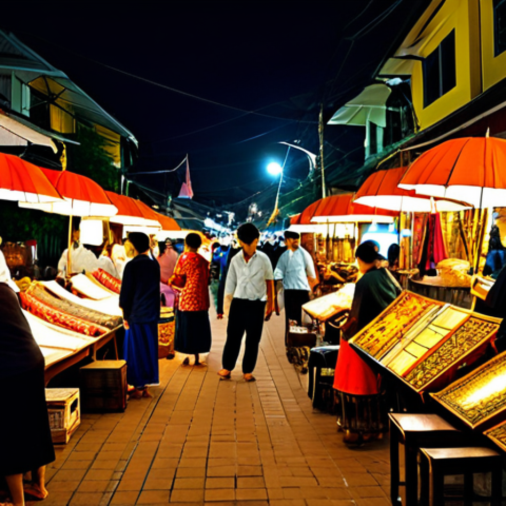 **
A vibrant street scene in Chiang Mai, Thailand, showcasing local artisans displaying their crafts at a night market. Focus on hand-painted umbrellas, wood carvings, and intricately woven textiles. People in modest, traditional Thai clothing browse the stalls. Lush tropical foliage decorates the background. Capture the warm glow of lanterns illuminating the scene. Safe for work, appropriate content, fully clothed, professional photography, perfect anatomy, natural proportions, family-friendly.
**