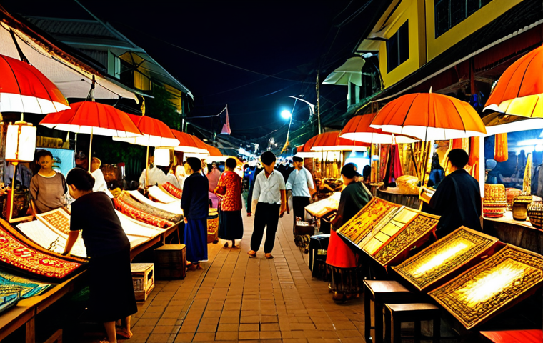 **

A vibrant street scene in Chiang Mai, Thailand, showcasing local artisans displaying their crafts at a night market. Focus on hand-painted umbrellas, wood carvings, and intricately woven textiles. People in modest, traditional Thai clothing browse the stalls. Lush tropical foliage decorates the background. Capture the warm glow of lanterns illuminating the scene. Safe for work, appropriate content, fully clothed, professional photography, perfect anatomy, natural proportions, family-friendly.

**