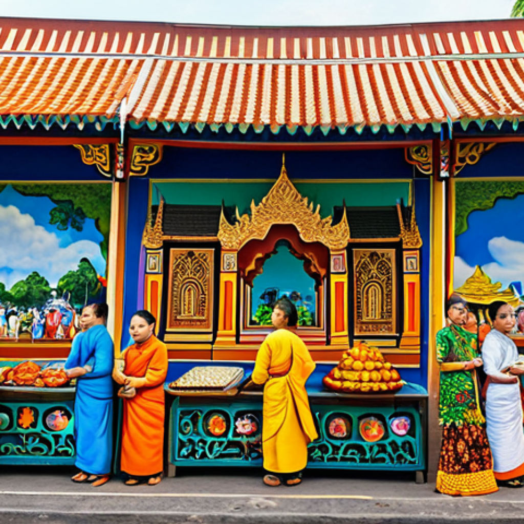 **
A vibrant mural painting on a traditional Thai building in a bustling Bangkok neighborhood. The mural depicts scenes of local life, market vendors, and religious celebrations. The colors are bright and bold, reflecting Thai artistic styles. Fully clothed figures are interacting with the artwork. Appropriate attire. Safe for work. Perfect anatomy, natural proportions, professional photography, high quality, modest, family-friendly.
**