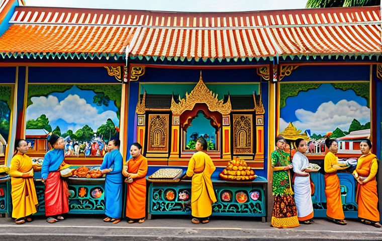 **
A vibrant mural painting on a traditional Thai building in a bustling Bangkok neighborhood. The mural depicts scenes of local life, market vendors, and religious celebrations. The colors are bright and bold, reflecting Thai artistic styles. Fully clothed figures are interacting with the artwork. Appropriate attire. Safe for work. Perfect anatomy, natural proportions, professional photography, high quality, modest, family-friendly.
**