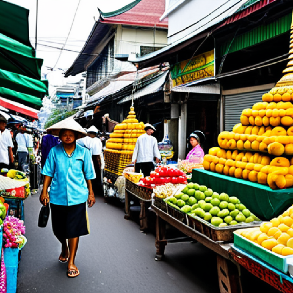 "A vibrant street market scene in Bangkok, Thailand, overflowing with colorful fruits, flowers, and delicious street food. Vendors are wearing traditional Thai clothing, selling their goods to locals and tourists. Golden temples can be seen in the background. Fully clothed, appropriate content, safe for work, professional photography, perfect anatomy, natural proportions, family-friendly."