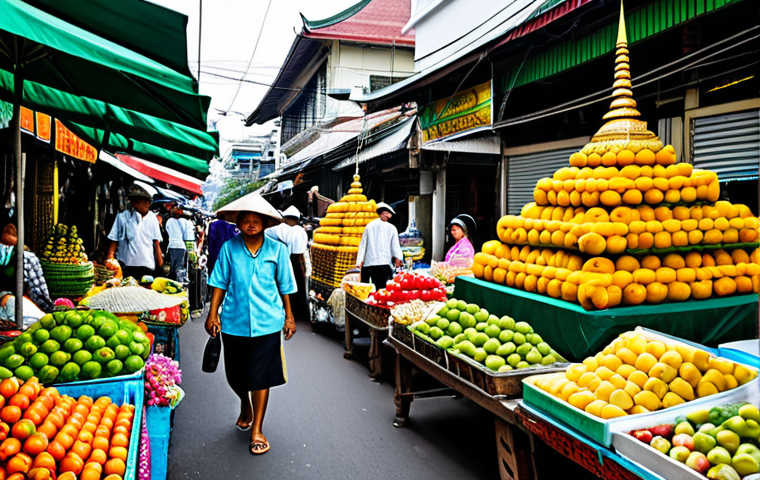 "A vibrant street market scene in Bangkok, Thailand, overflowing with colorful fruits, flowers, and delicious street food. Vendors are wearing traditional Thai clothing, selling their goods to locals and tourists. Golden temples can be seen in the background. Fully clothed, appropriate content, safe for work, professional photography, perfect anatomy, natural proportions, family-friendly."