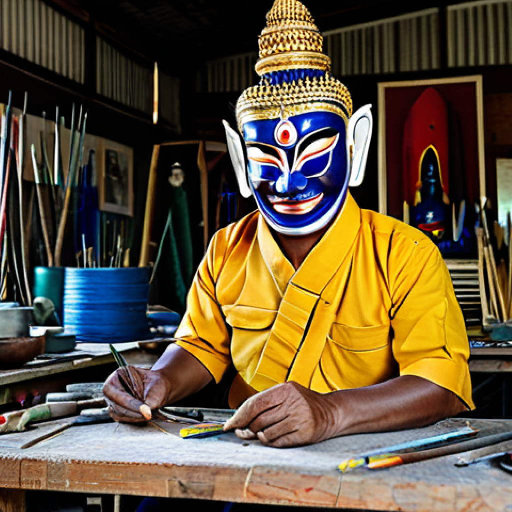 장소 특정적 예술 접근의 방법론적 다양성 - **Prompt:** A skilled Thai artisan meticulously crafting a traditional Khon mask in a brightly lit w...