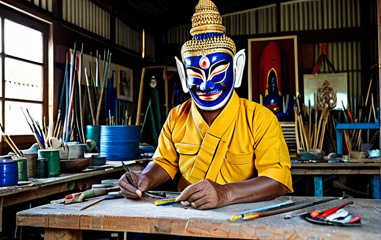 장소 특정적 예술 접근의 방법론적 다양성 - **Prompt:** A skilled Thai artisan meticulously crafting a traditional Khon mask in a brightly lit w...