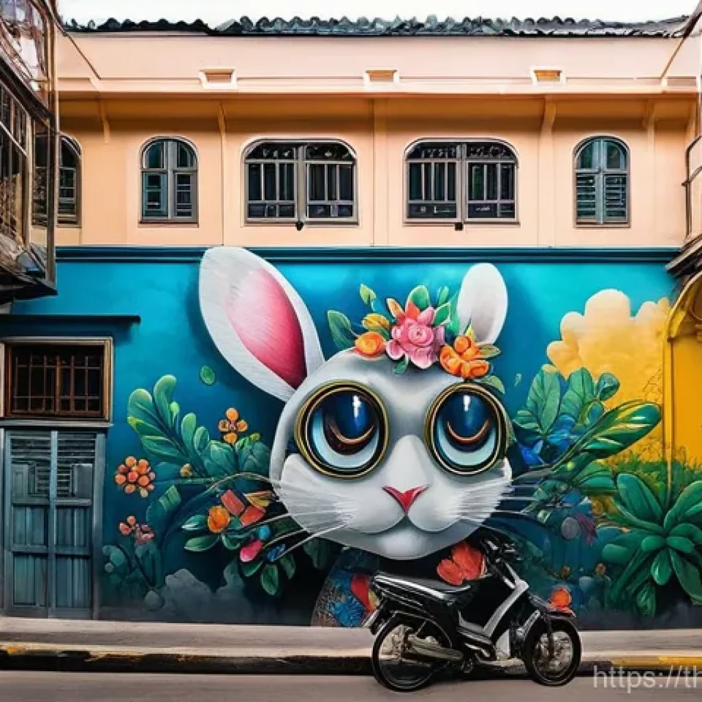 장소 특정적 예술과 사회적 캠페인 - **A vibrant street art gallery in the heart of Bangkok's historic Charoenkrung district.** The narro...