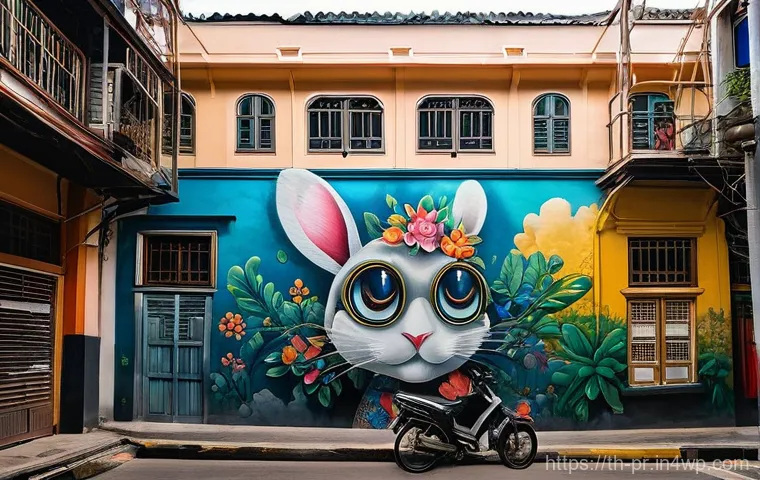 장소 특정적 예술과 사회적 캠페인 - **A vibrant street art gallery in the heart of Bangkok's historic Charoenkrung district.** The narro...