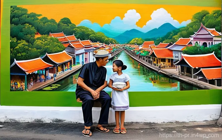 장소 특정적 예술과 사회적 기업의 역할 - **Vibrant Community Murals in a Thai Old Town:**
    "A bustling street scene in a charming, histori...
