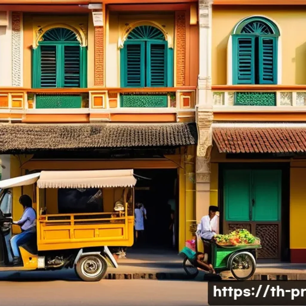 장소 특정적 예술 접근의 사례 연구 - **Vibrant Street Art Mural in a Thai Old Town**
A wide shot of a bustling street in a charming T...