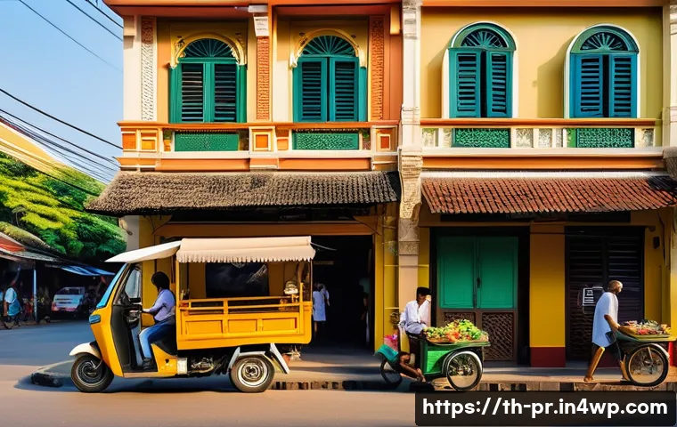 장소 특정적 예술 접근의 사례 연구 - **Vibrant Street Art Mural in a Thai Old Town**
A wide shot of a bustling street in a charming T...
