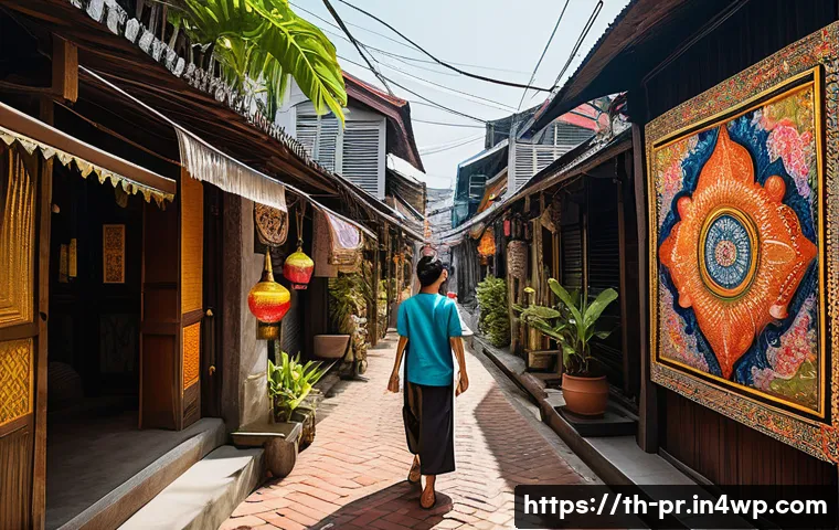 장소 특정적 예술 접근의 방향성과 목표 - A vibrant site-specific art installation transforming a narrow, atmospheric alley in a historic Thai...
